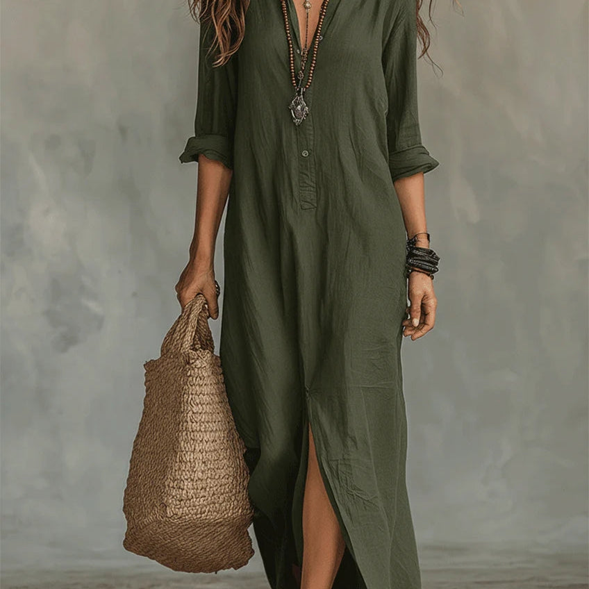 Soline™ | Oversized Black Maxi Dress with Buttons