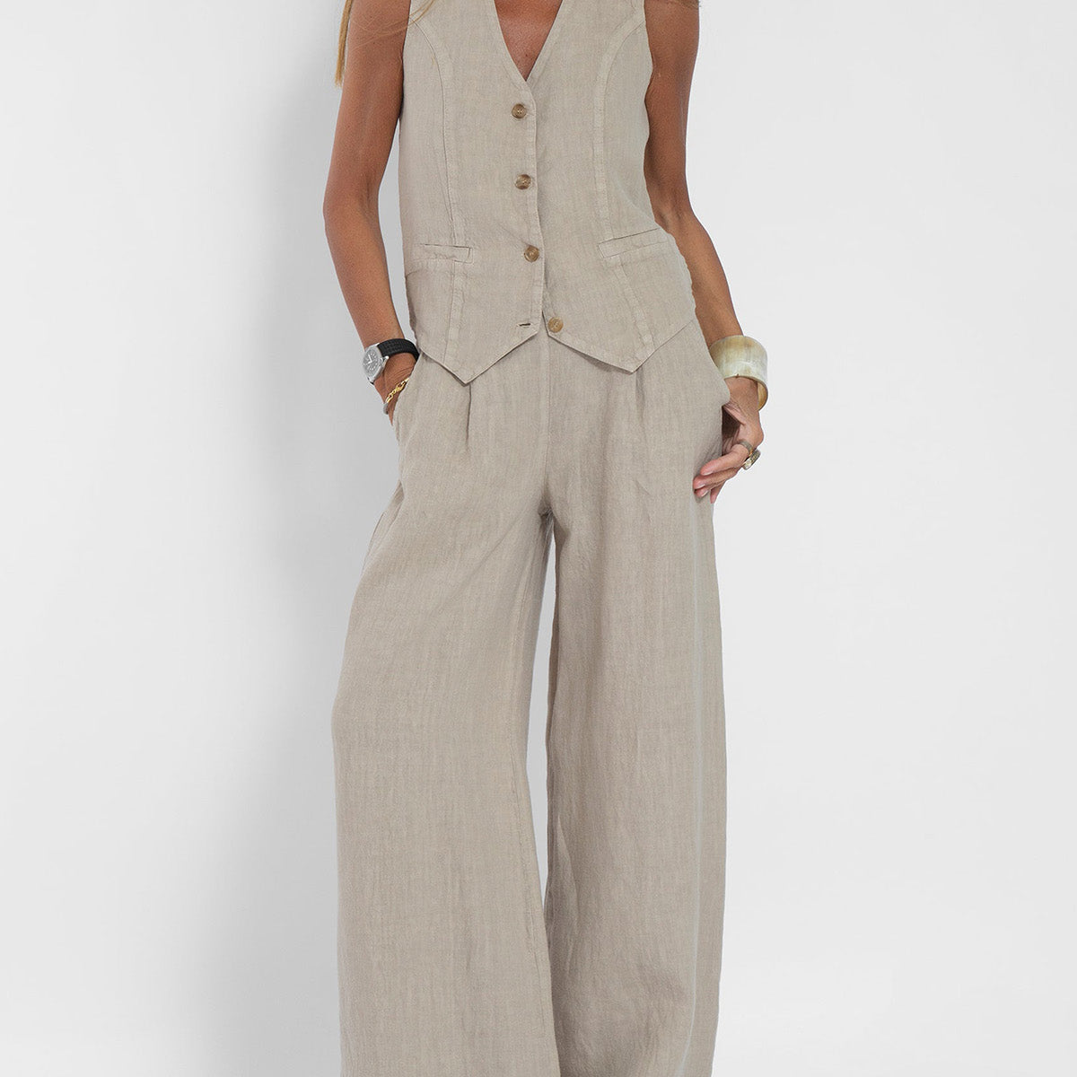 Aira - Buttoned Vest & Wide-Leg Trousers Set