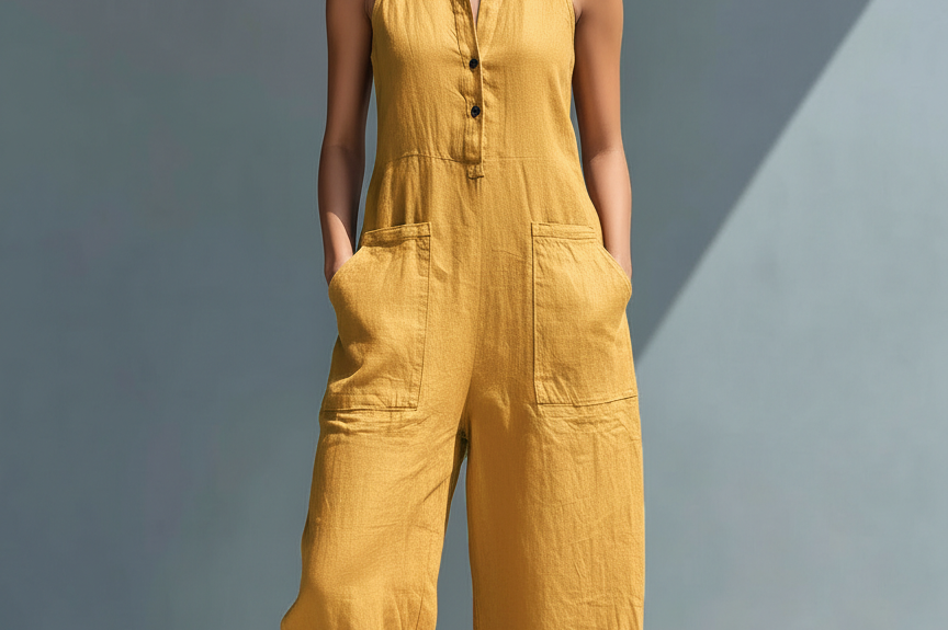 Sleeveless Minimalist Jumpsuit for Women with High Collar and Buttons
