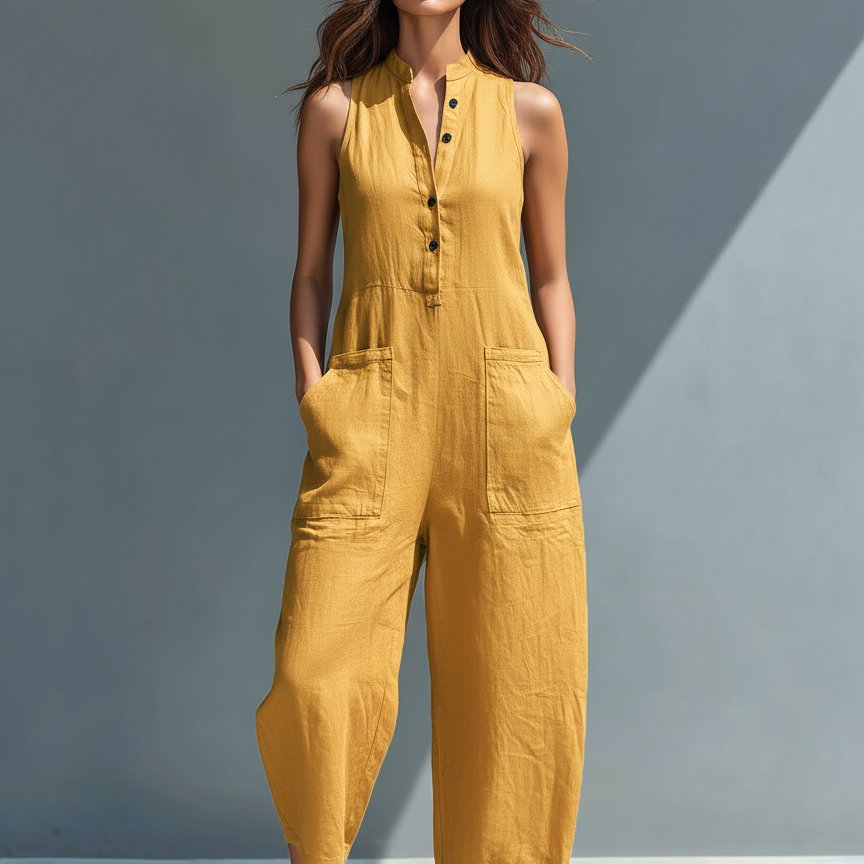 Sleeveless Minimalist Jumpsuit for Women with High Collar and Buttons