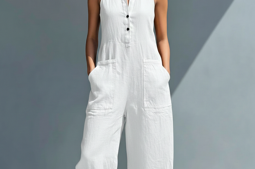 Sleeveless Minimalist Jumpsuit for Women with High Collar and Buttons