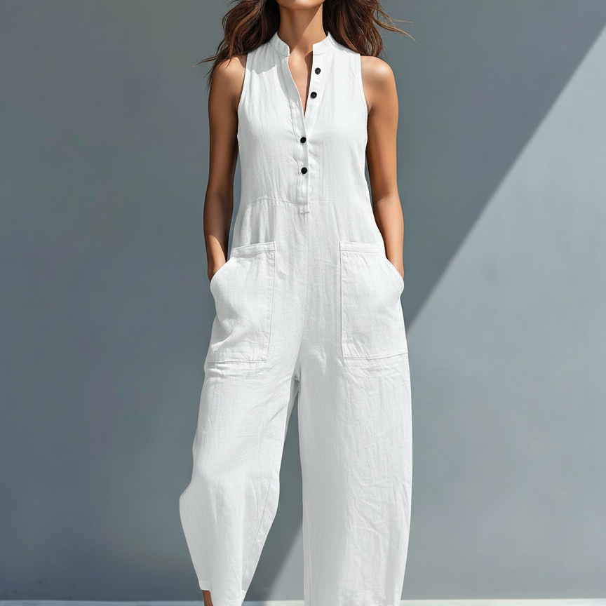 Sleeveless Minimalist Jumpsuit for Women with High Collar and Buttons