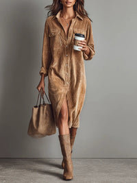 Jessy - Loose Corduroy Double Chest Pocket Breasted Midi Dress
