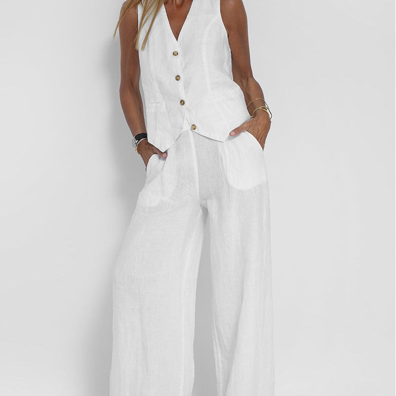 Aira - Buttoned Vest & Wide-Leg Trousers Set