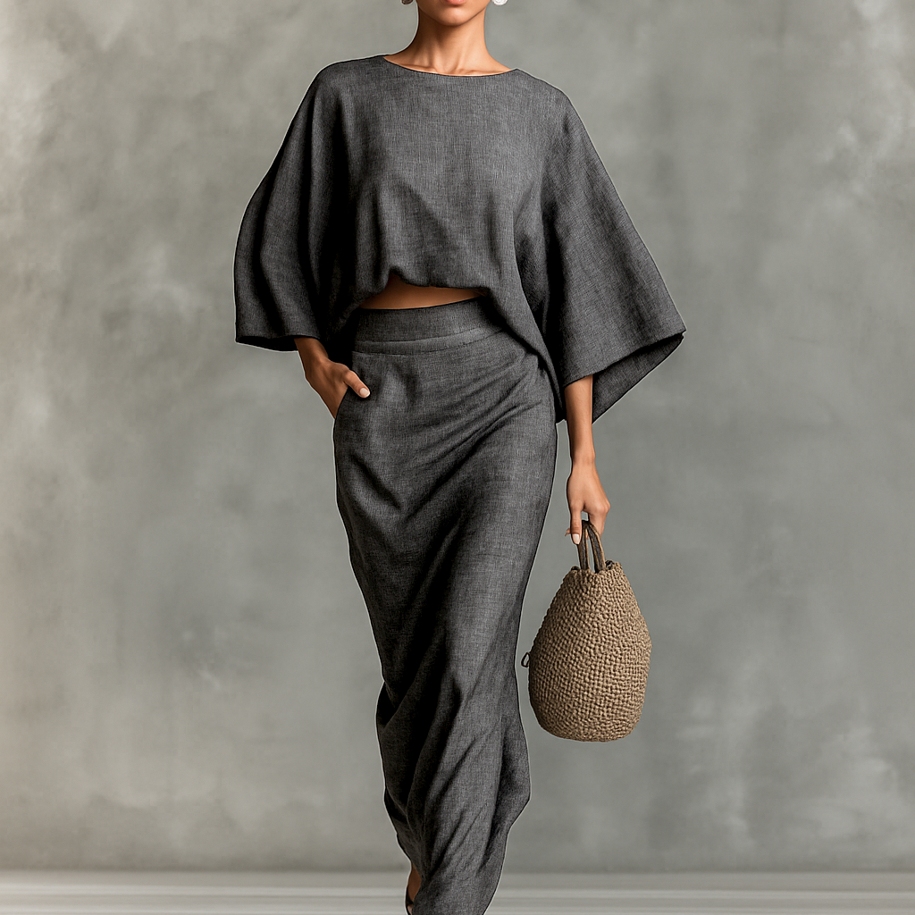 Two-piece set with long skirt and batwing sleeves