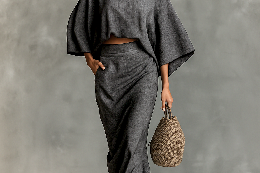 Two-piece set with long skirt and batwing sleeves